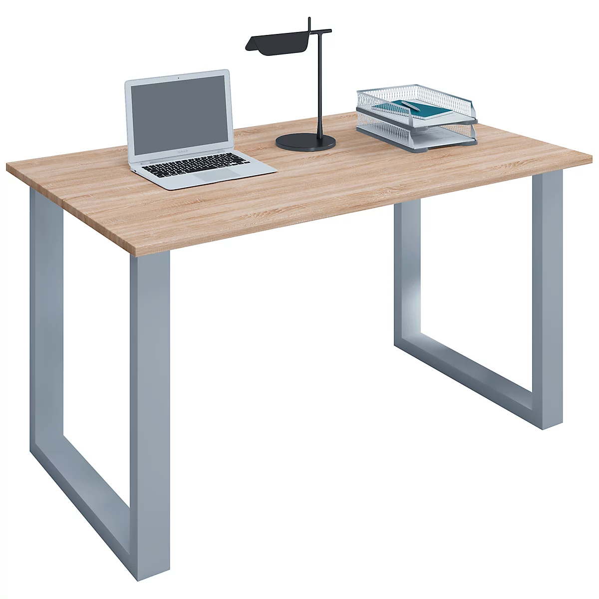 Bureau, rectangulaire, base à console, L 1400 x P 800 x H 760 mm, chêne/argent Sonoma