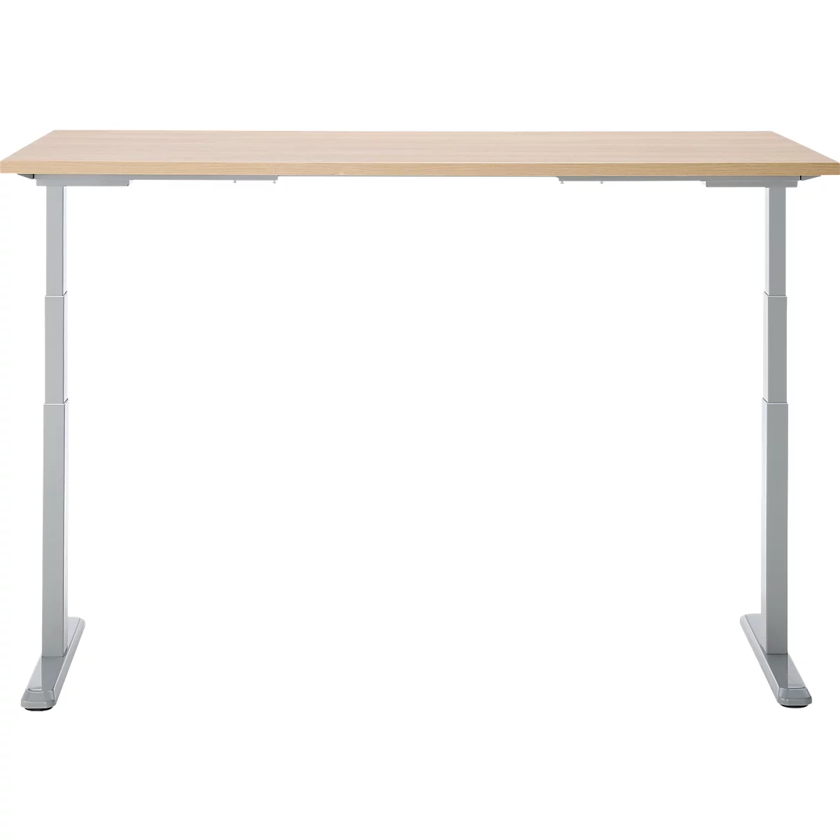 Bureau brun clair avec des pieds gris clair. La table est réglable en hauteur et photographiée sur fond blanc.