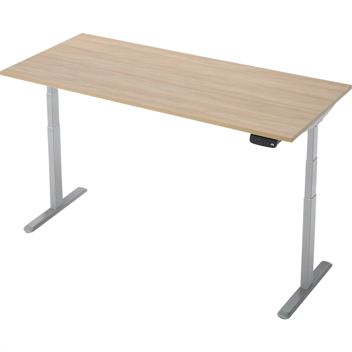 Bureau réglable en hauteur, marron clair, avec pieds argentés et commande.