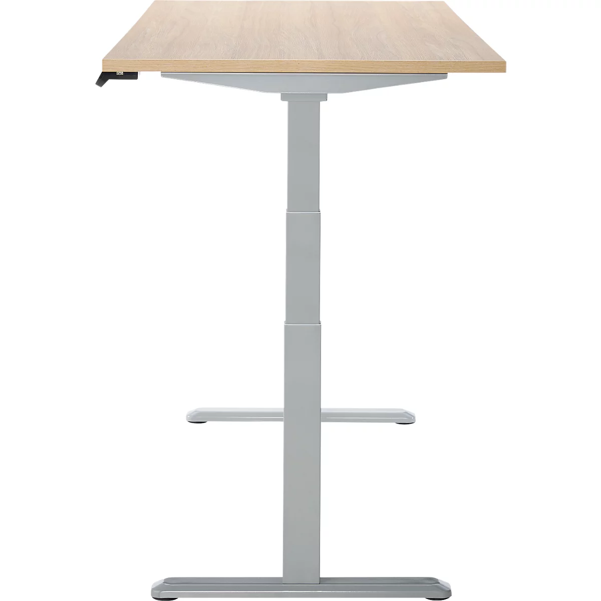 Bureau clair et réglable en hauteur avec plateau rectangulaire. Cadre gris avec deux entretoises.