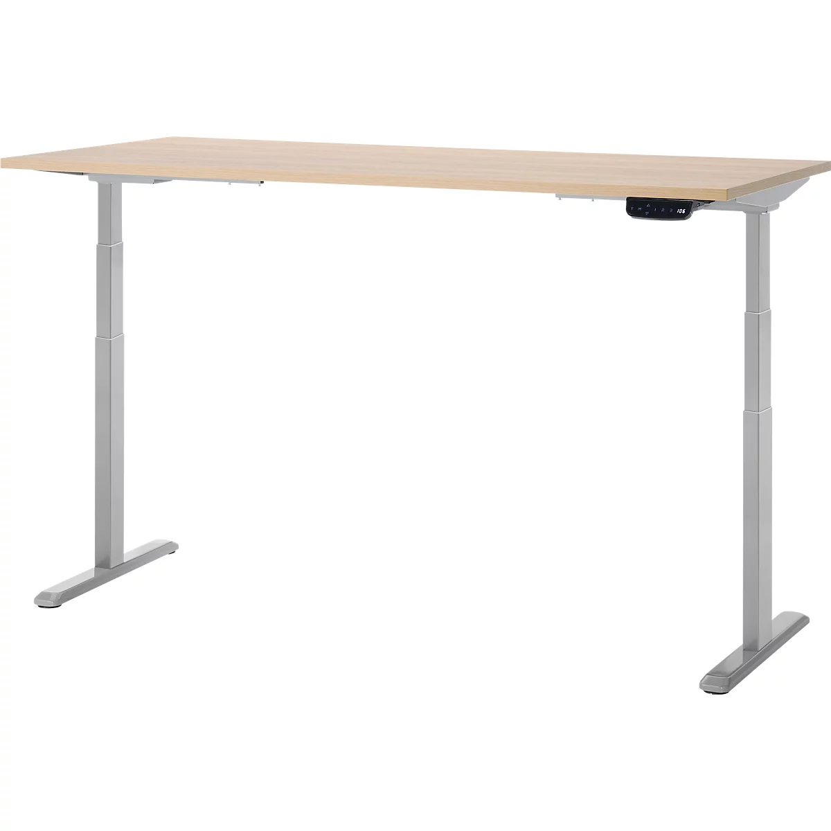 Bureau réglable en hauteur de couleur claire sur fond blanc, avec panneau de commande.