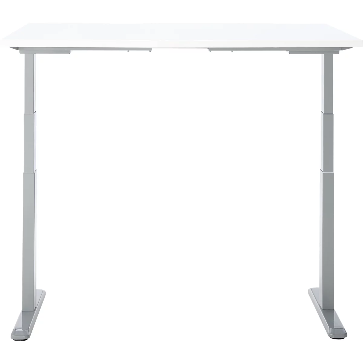 Un bureau blanc réglable en hauteur. Deux pieds gris, pied rectangulaire, avec un plateau blanc.