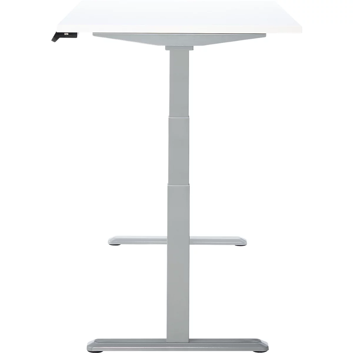 Bureau réglable en hauteur, plateau blanc, cadre gris.