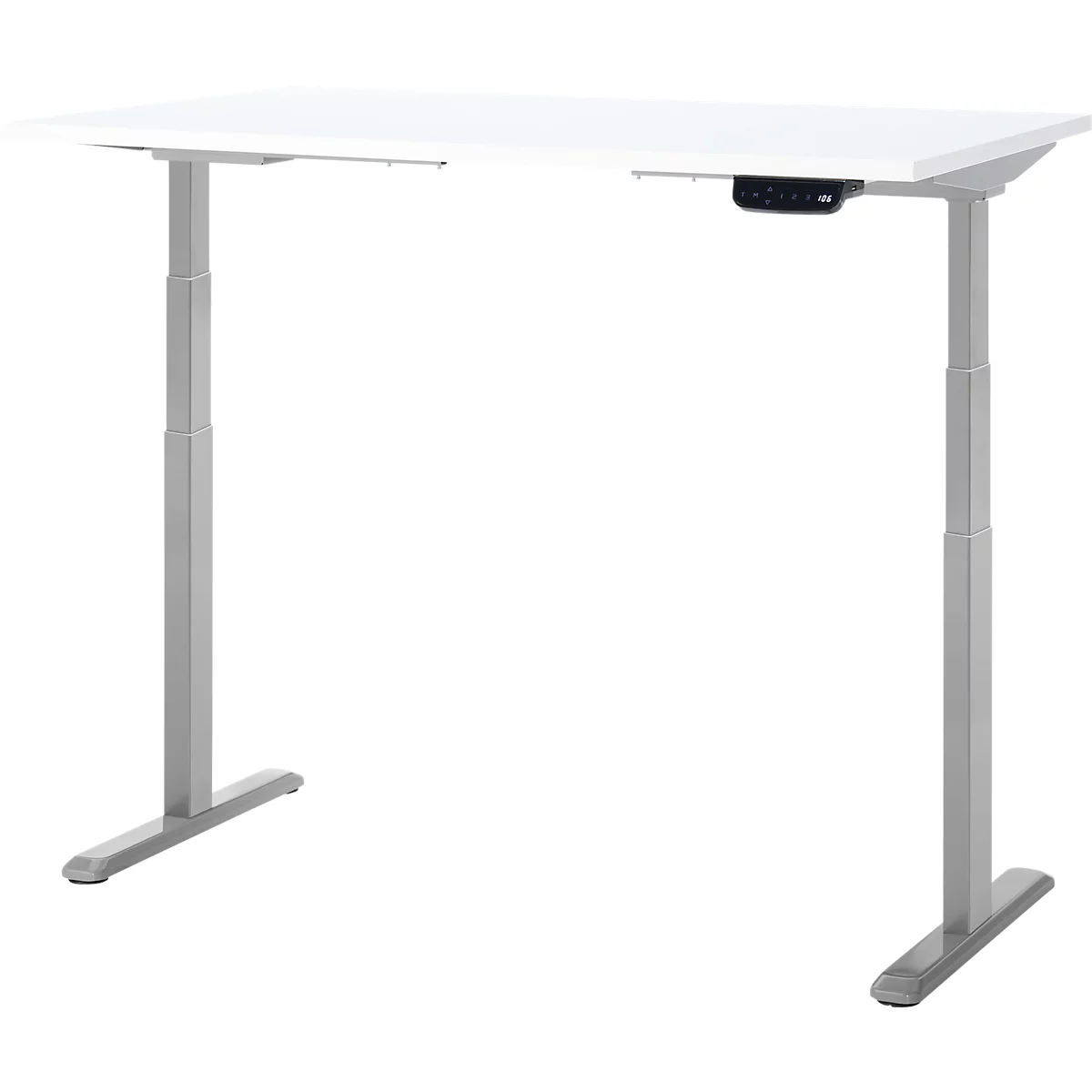 Un bureau blanc réglable en hauteur avec des pieds gris sur fond blanc. Le panneau de commande est sur le côté droit.