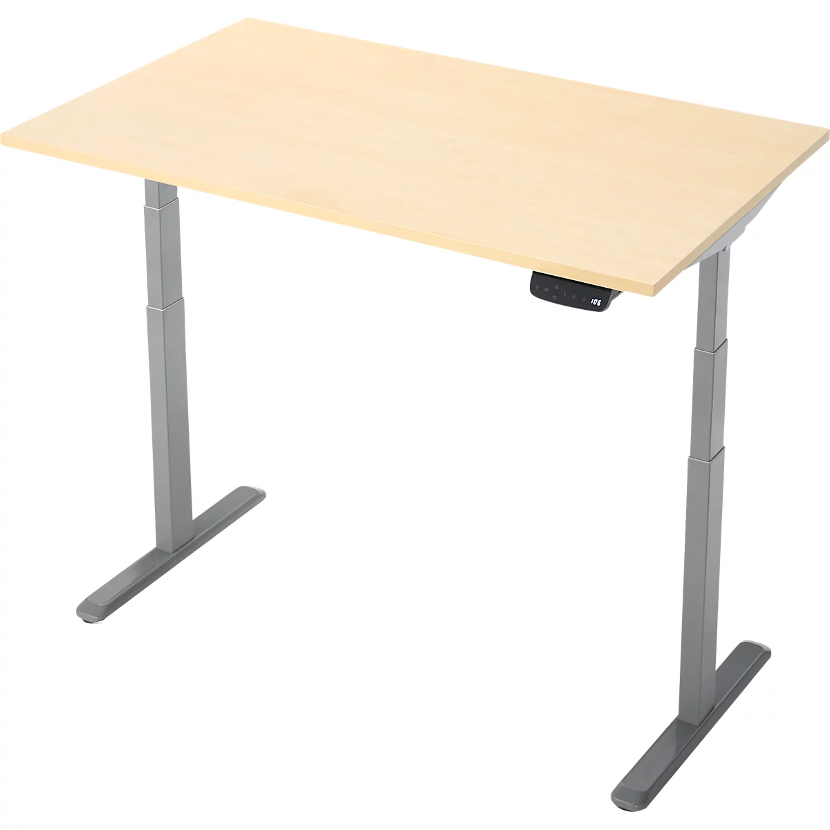 Bureau réglable en hauteur brun clair avec pieds et commandes gris.