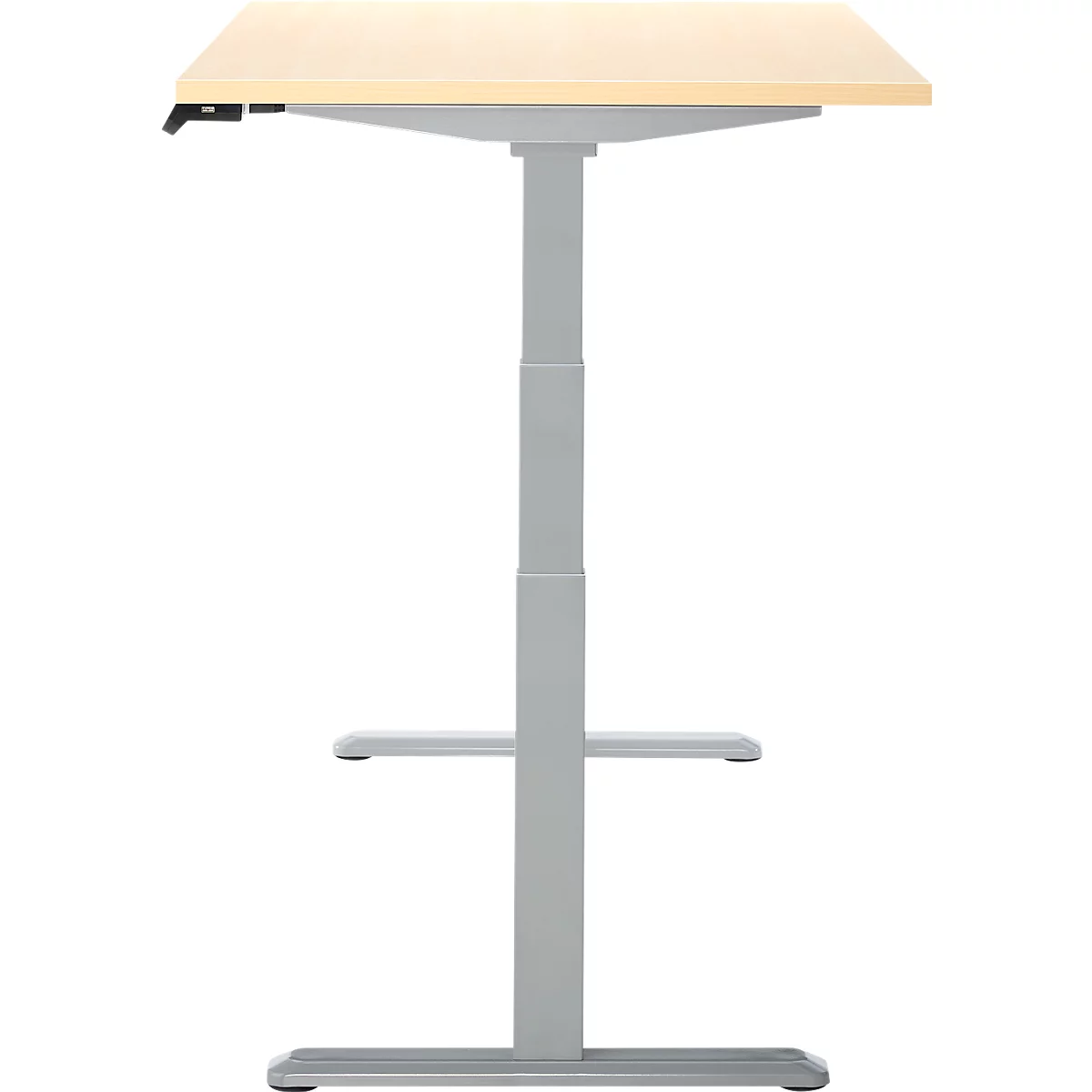 Bureau debout, réglable en hauteur, bois clair, cadre gris.