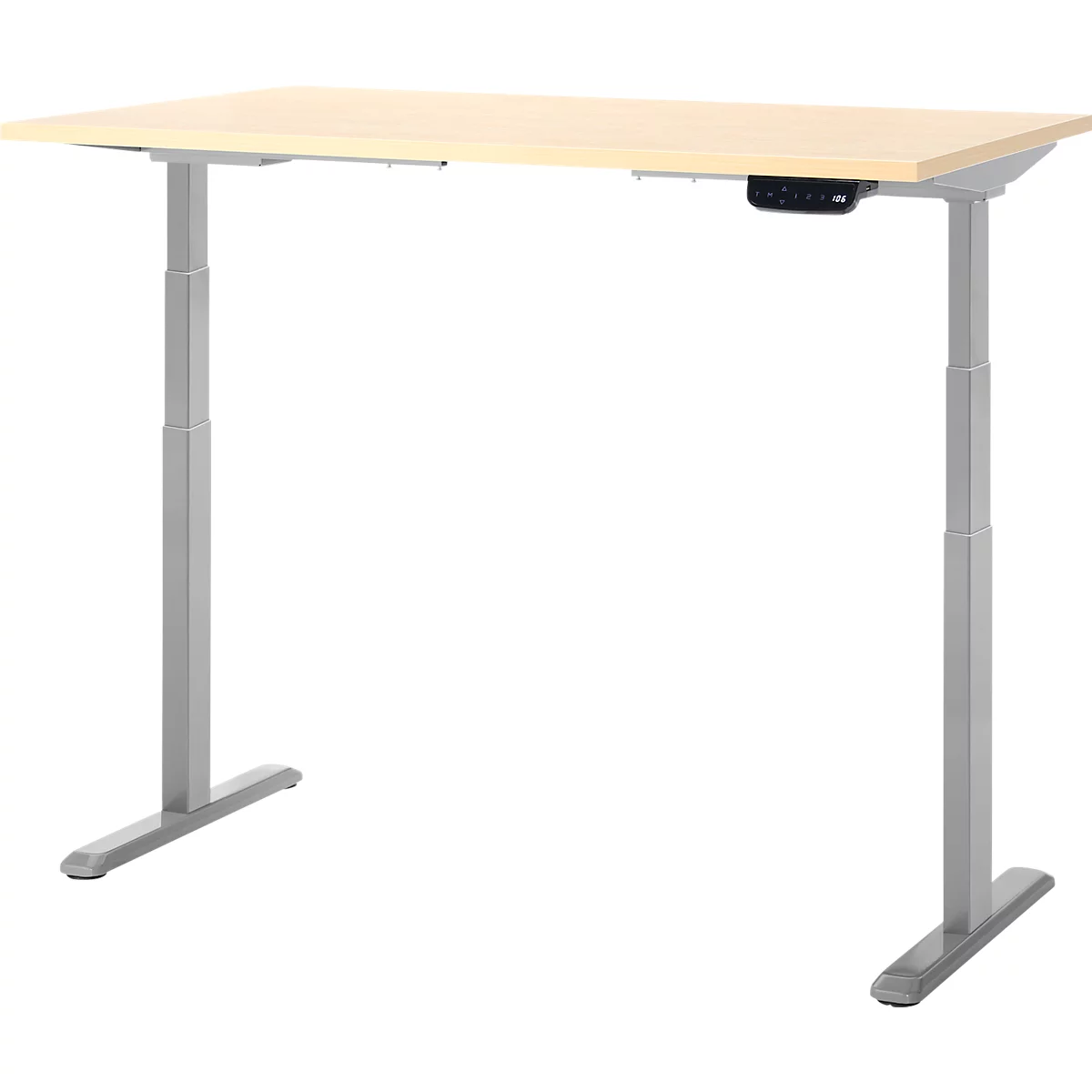 Bureau beige réglable en hauteur avec pieds argentés. Il y a un petit panneau de contrôle en haut à droite.