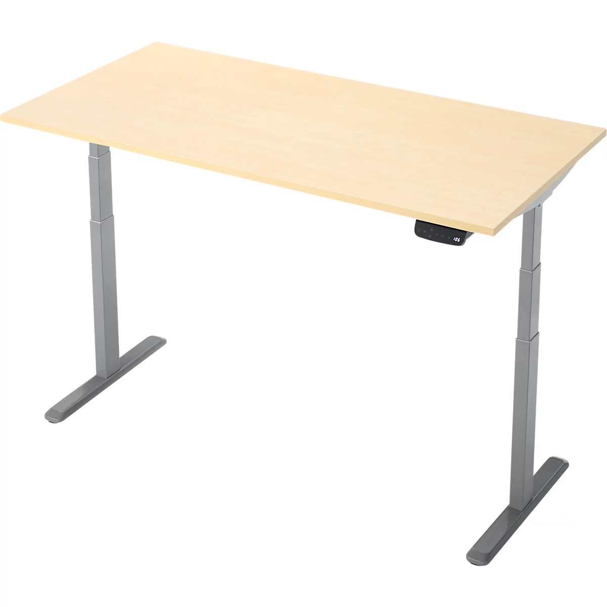Un bureau réglable, plateau de table brun clair, pieds argentés, panneau de contrôle noir.