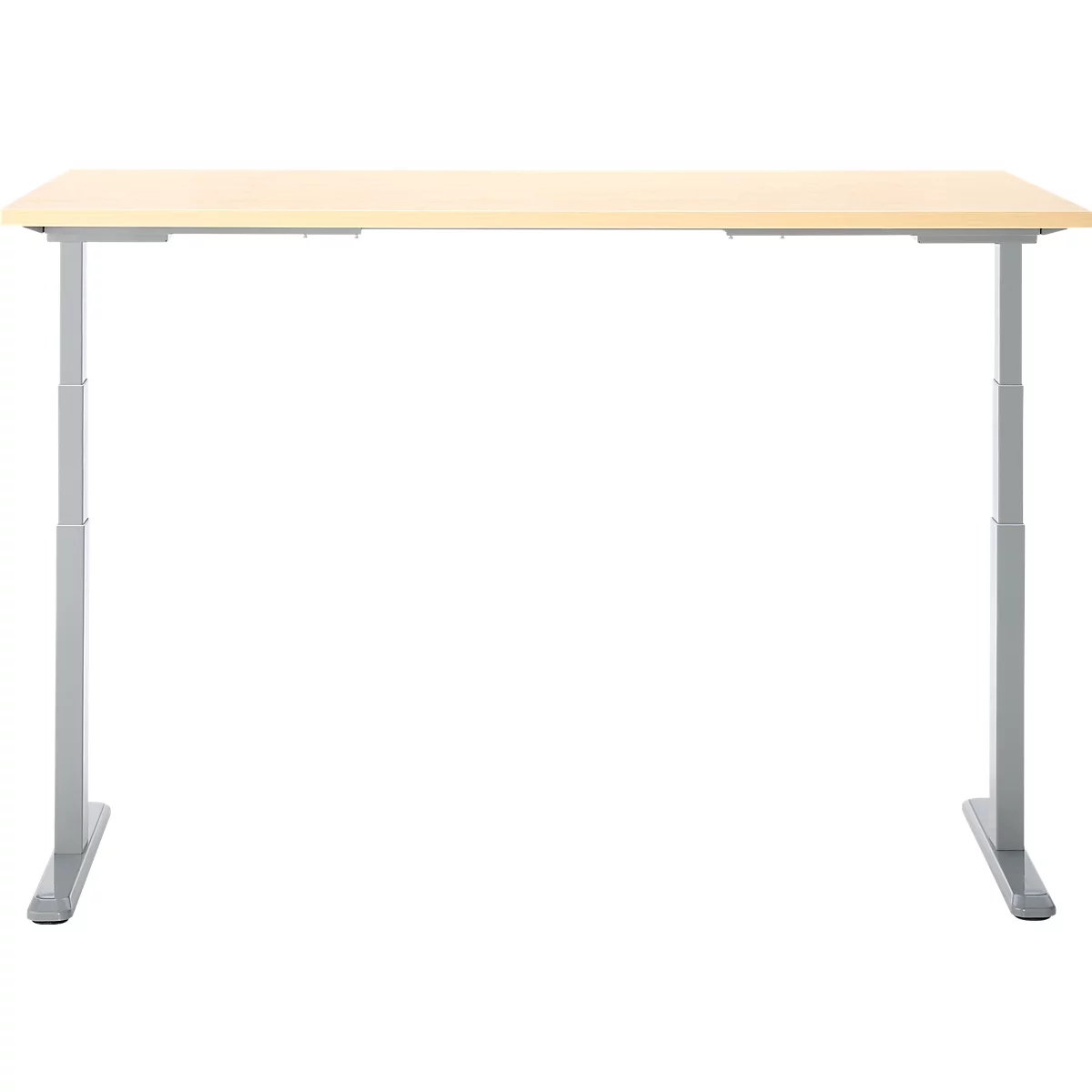 Bureau brun clair avec des pieds argentés réglables.