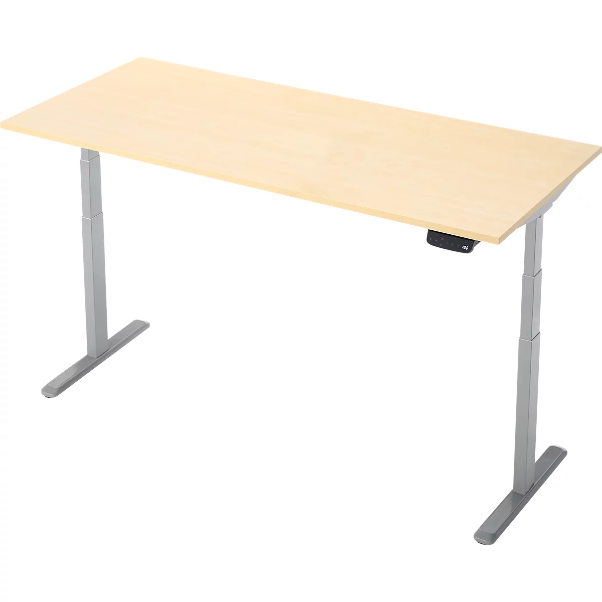 Un bureau réglable en hauteur en bois clair avec des pieds en métal gris. Il y a un panneau de commande sur le côté.