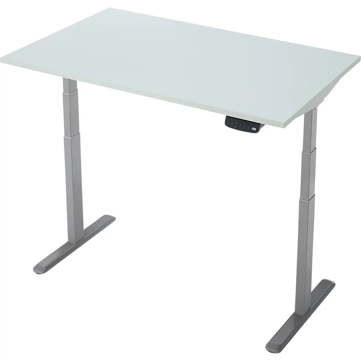 Un bureau blanc réglable en hauteur avec des pieds gris et un panneau de commande sous le plateau.