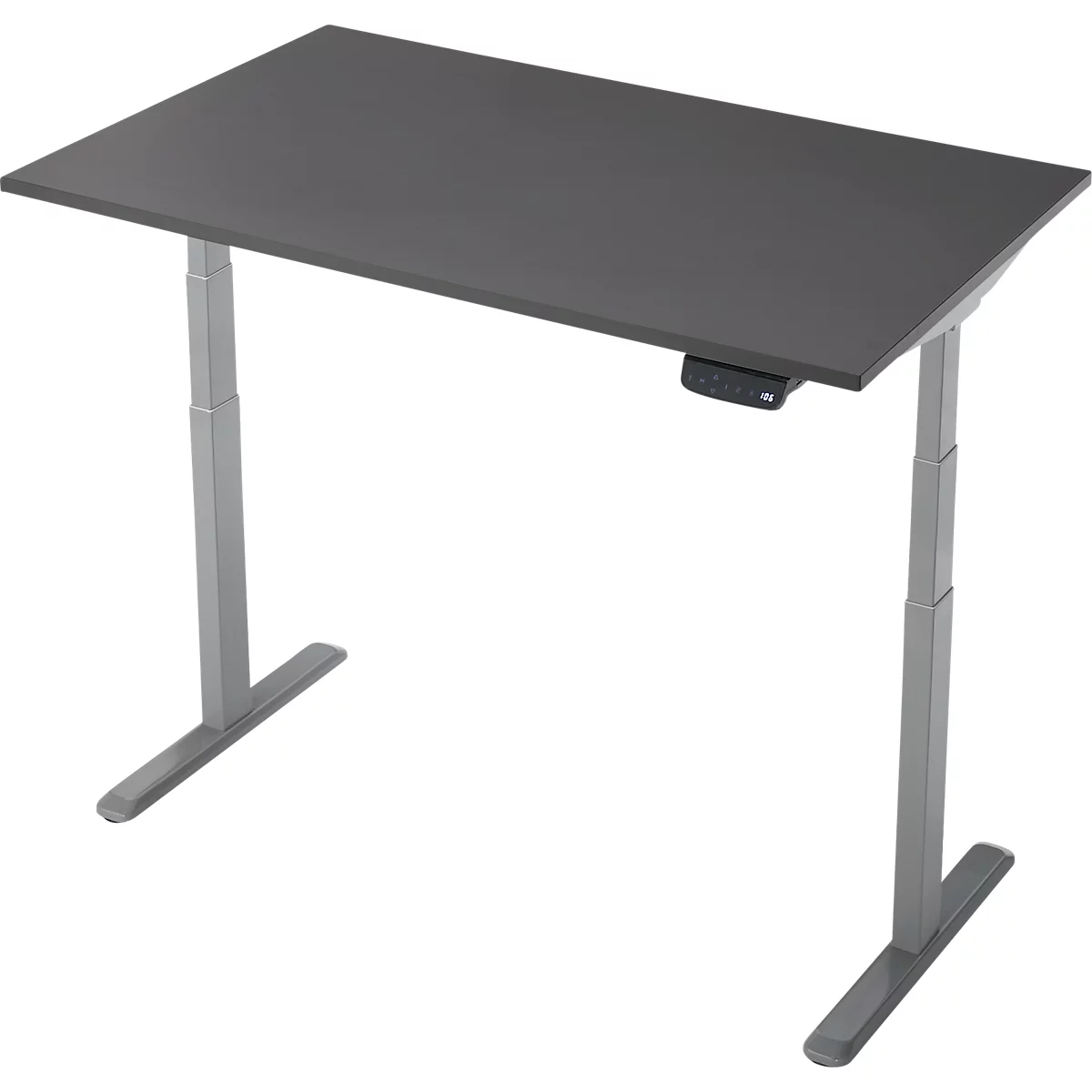 Bureau gris réglable en hauteur sur fond blanc. Le plateau est rectangulaire, les pieds métalliques.