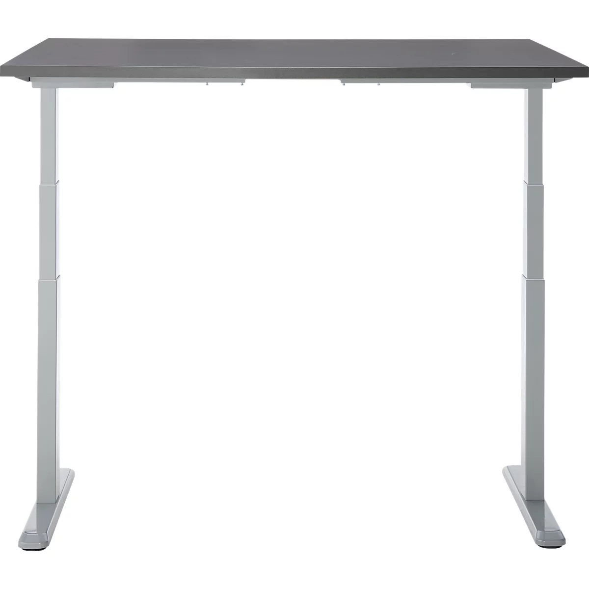Bureau réglable en hauteur avec plateau gris et pieds blancs. Les pieds sont de forme rectangulaire.