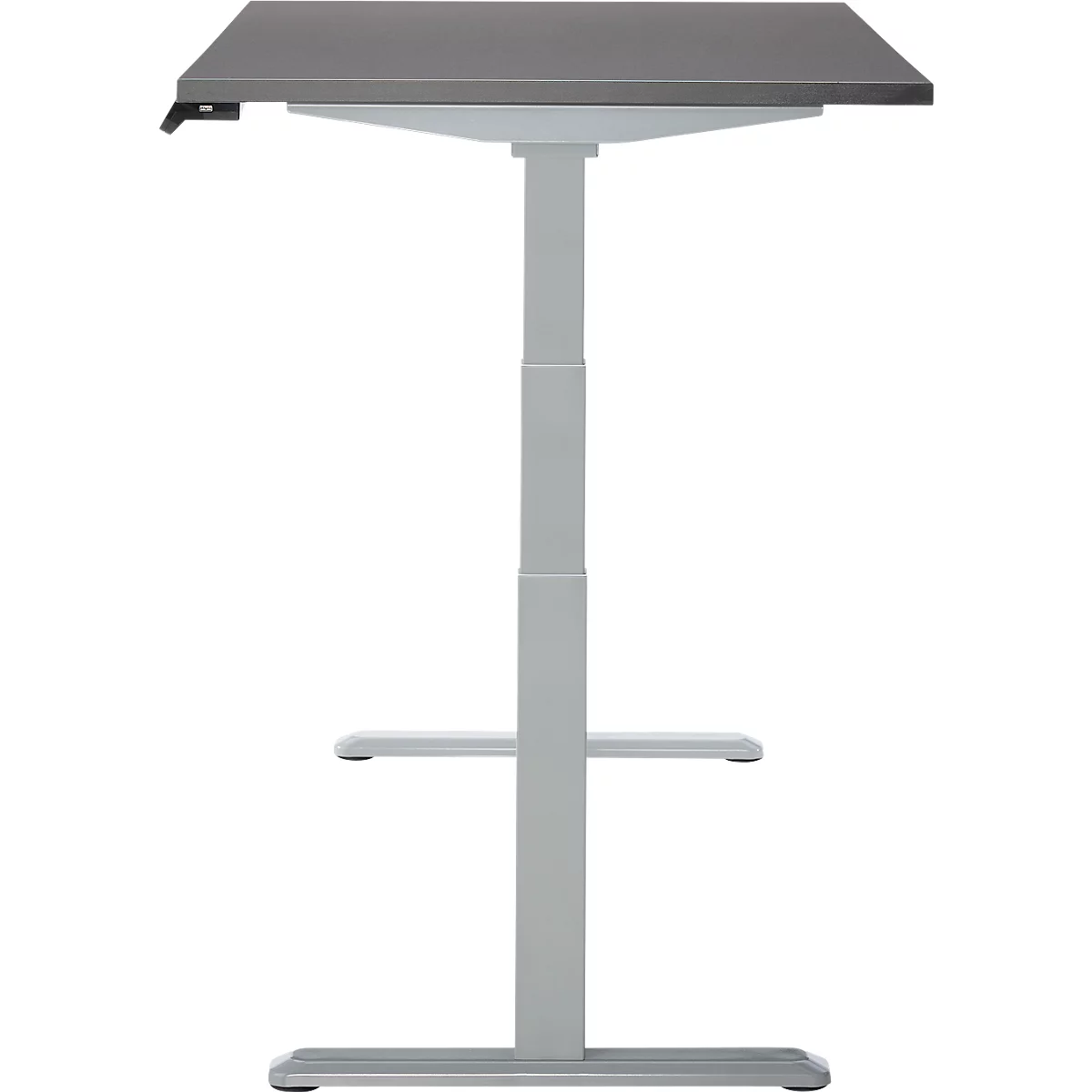 Bureau gris réglable en hauteur, plateau carré, cadre gris, isolé.