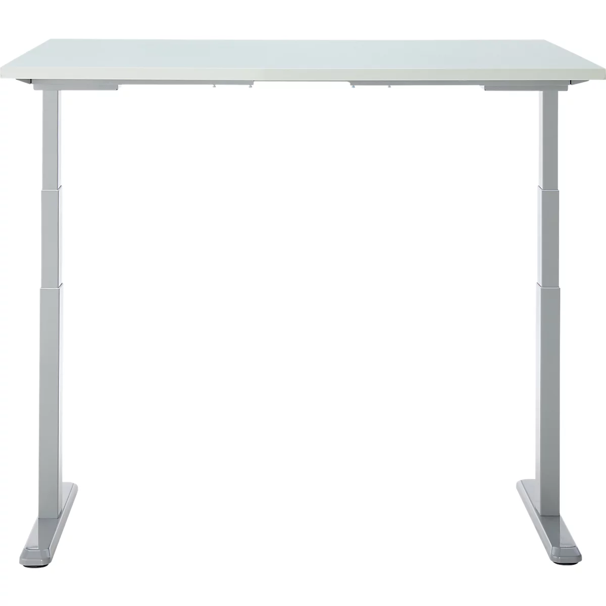 Un bureau blanc réglable en hauteur sur fond blanc.