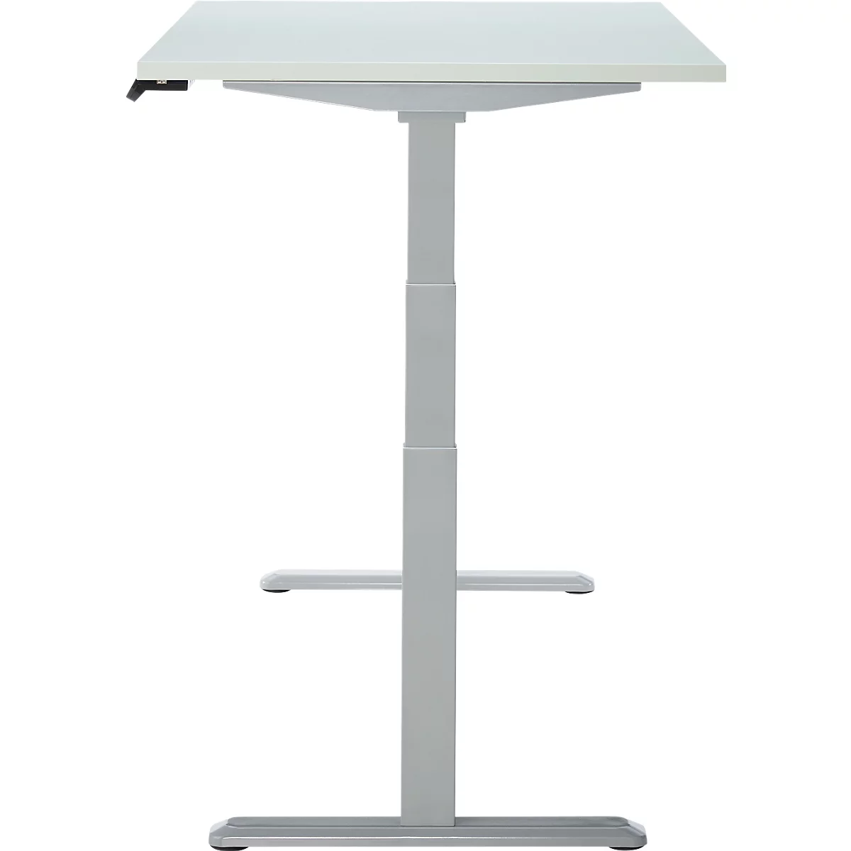 Bureau debout en gris. Plateau de table rectangulaire blanc. Colonne avec deux barres transversales. Pied rectangulaire.