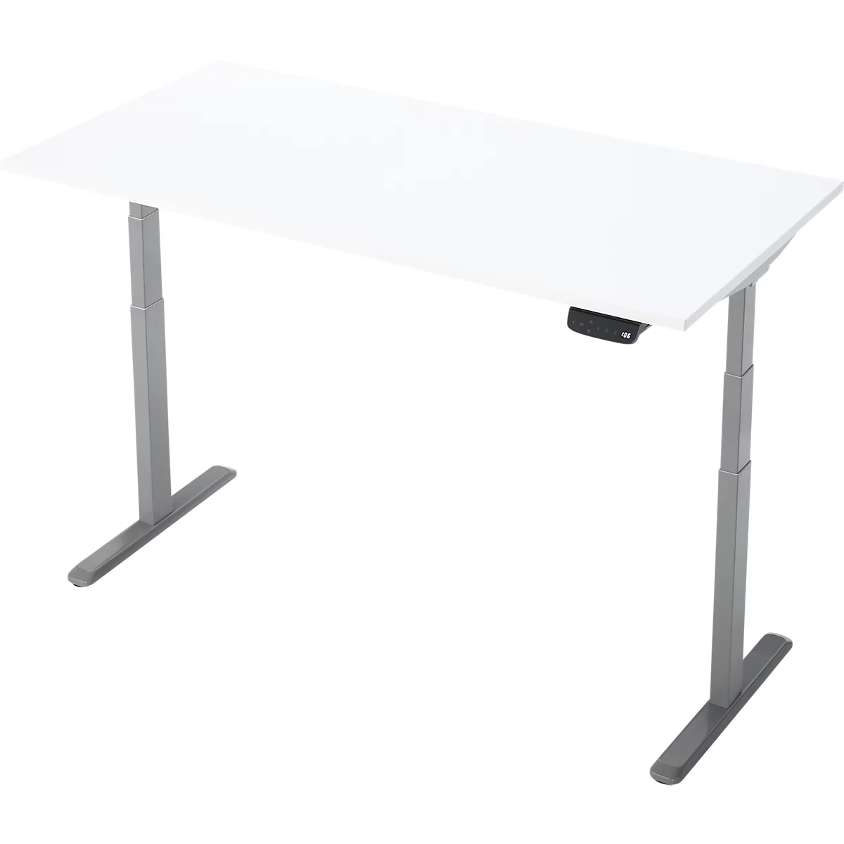 Un bureau blanc réglable en hauteur avec un cadre gris. Le bureau est représenté sur un fond neutre.