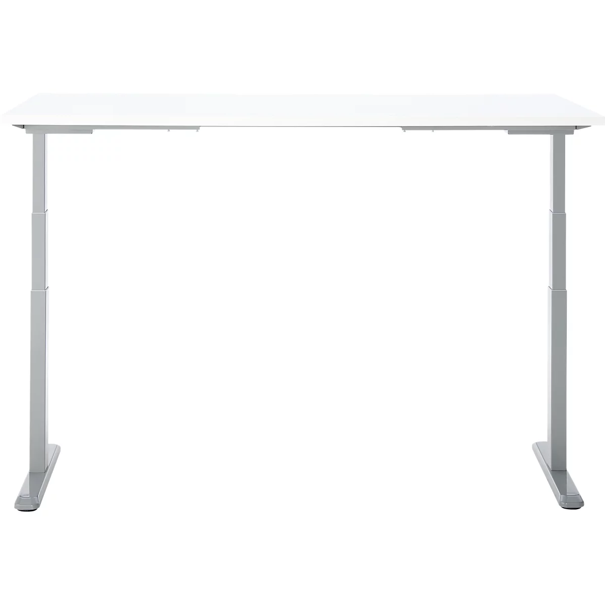 Un bureau réglable en hauteur, plateau blanc, cadre argenté.