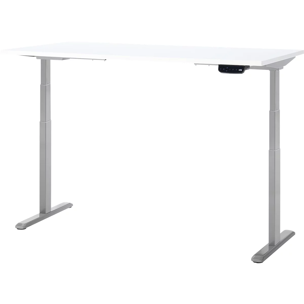 Bureau blanc réglable en hauteur avec des pieds gris.