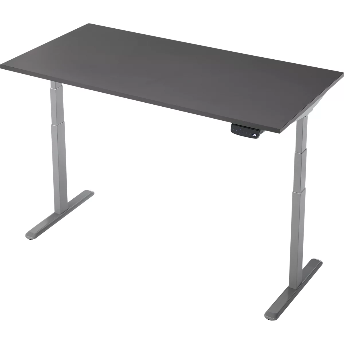 Bureau réglable en hauteur, dessus de table gris, panneau de commande sur le côté.