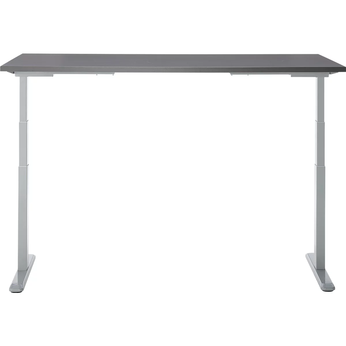 Un bureau gris réglable en hauteur avec un cadre argenté, sur fond blanc.