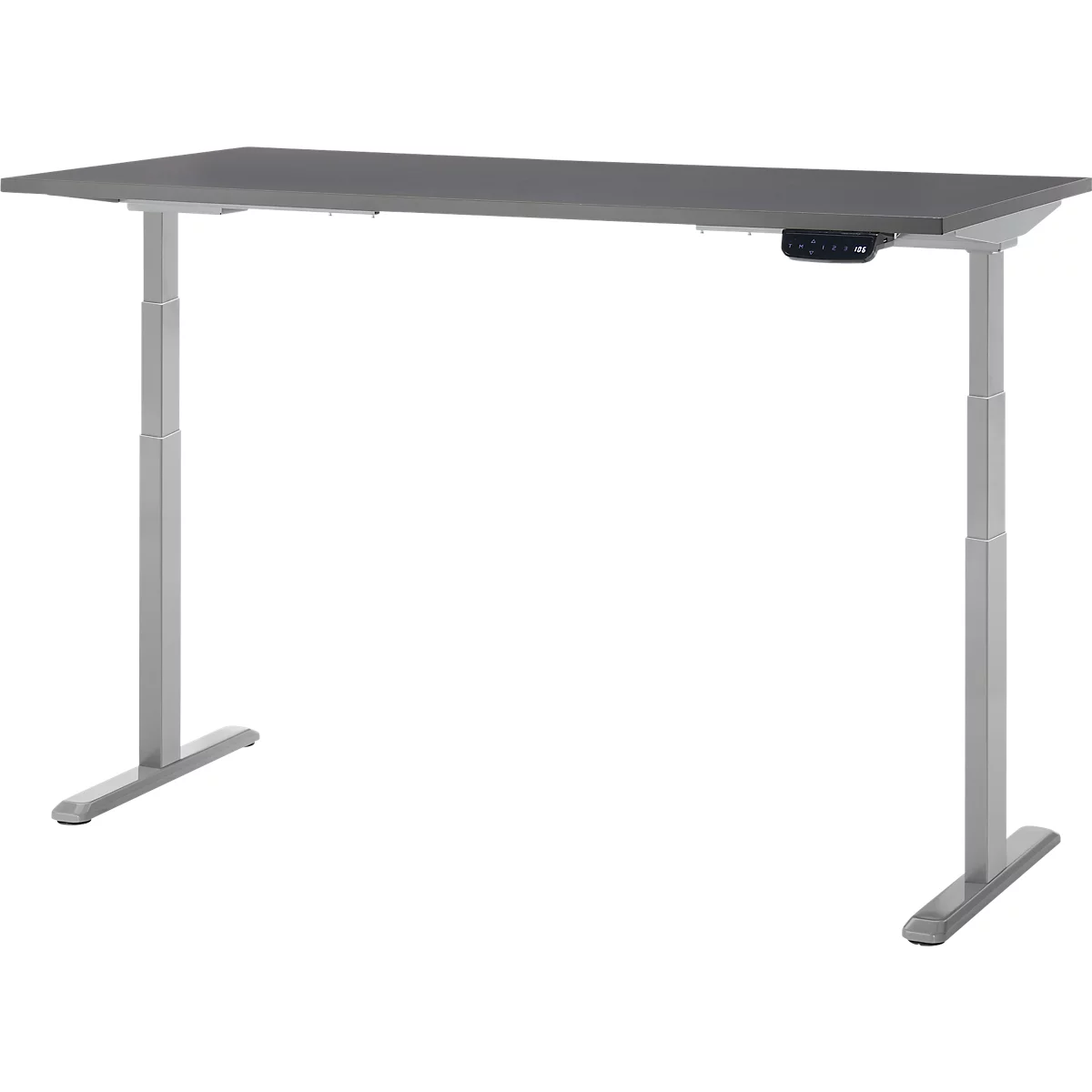 Bureau debout, gris, réglable en hauteur. Panneau de commande noir à droite. Deux pieds argentés.