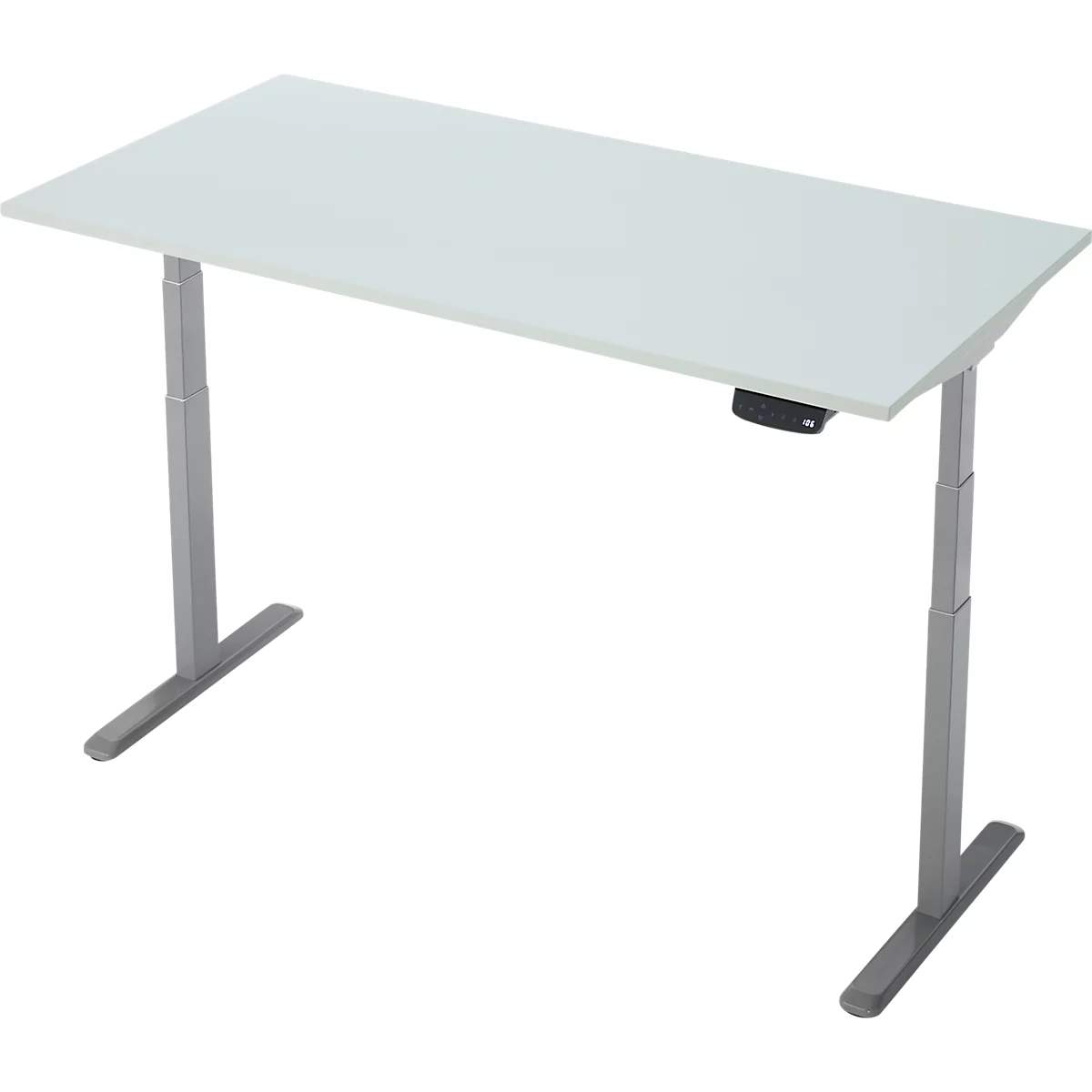 Un bureau blanc réglable en hauteur. Il a deux pieds gris et un plateau rectangulaire. Il y a un panneau de contrôle sur le côté droit.