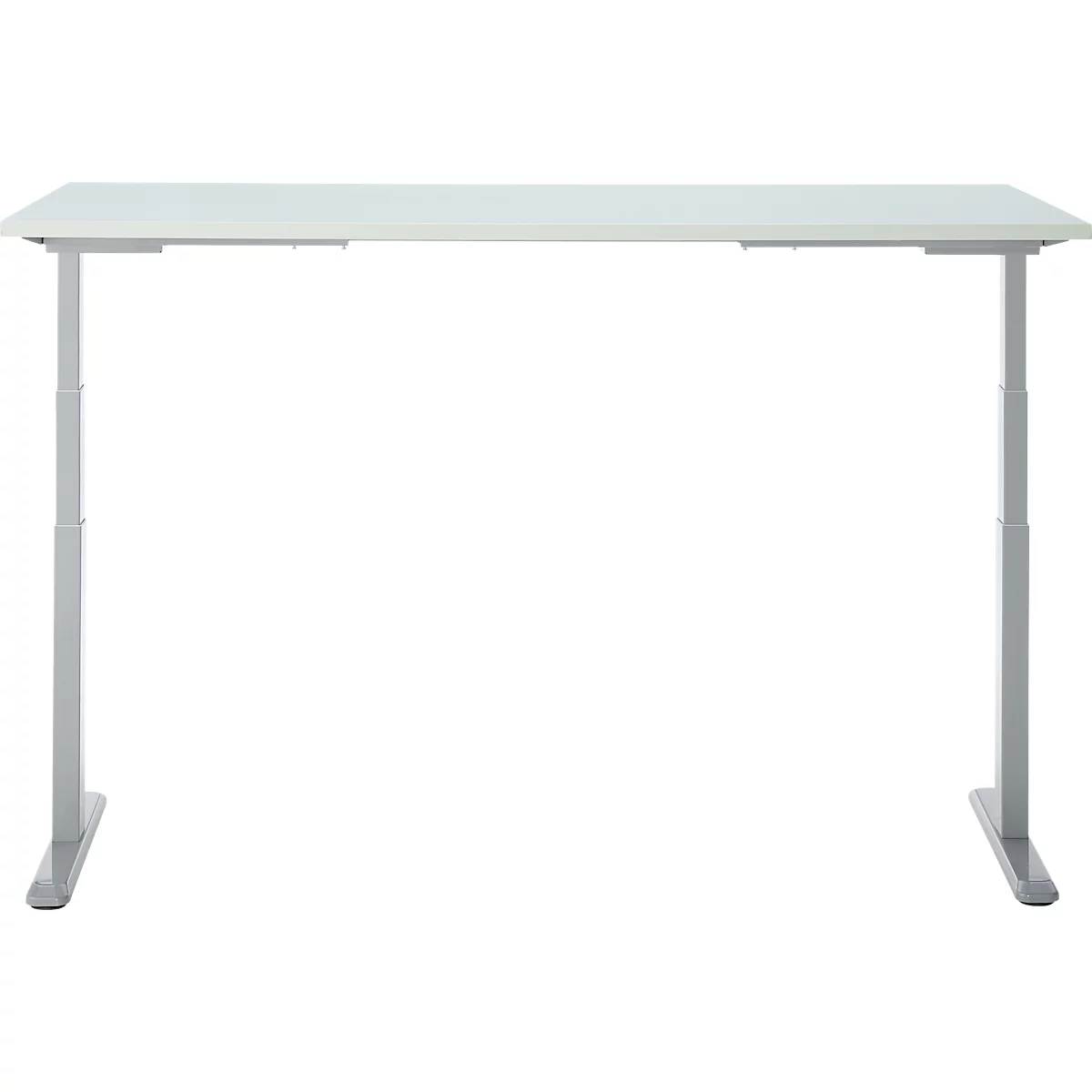 Un bureau blanc réglable en hauteur ; pieds en métal gris, plateau rectangulaire.