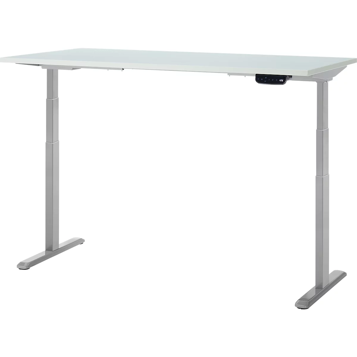 Bureau réglable en hauteur de couleur claire, avec des pieds gris et un plateau blanc. Panneau de commande noir sur le côté droit.