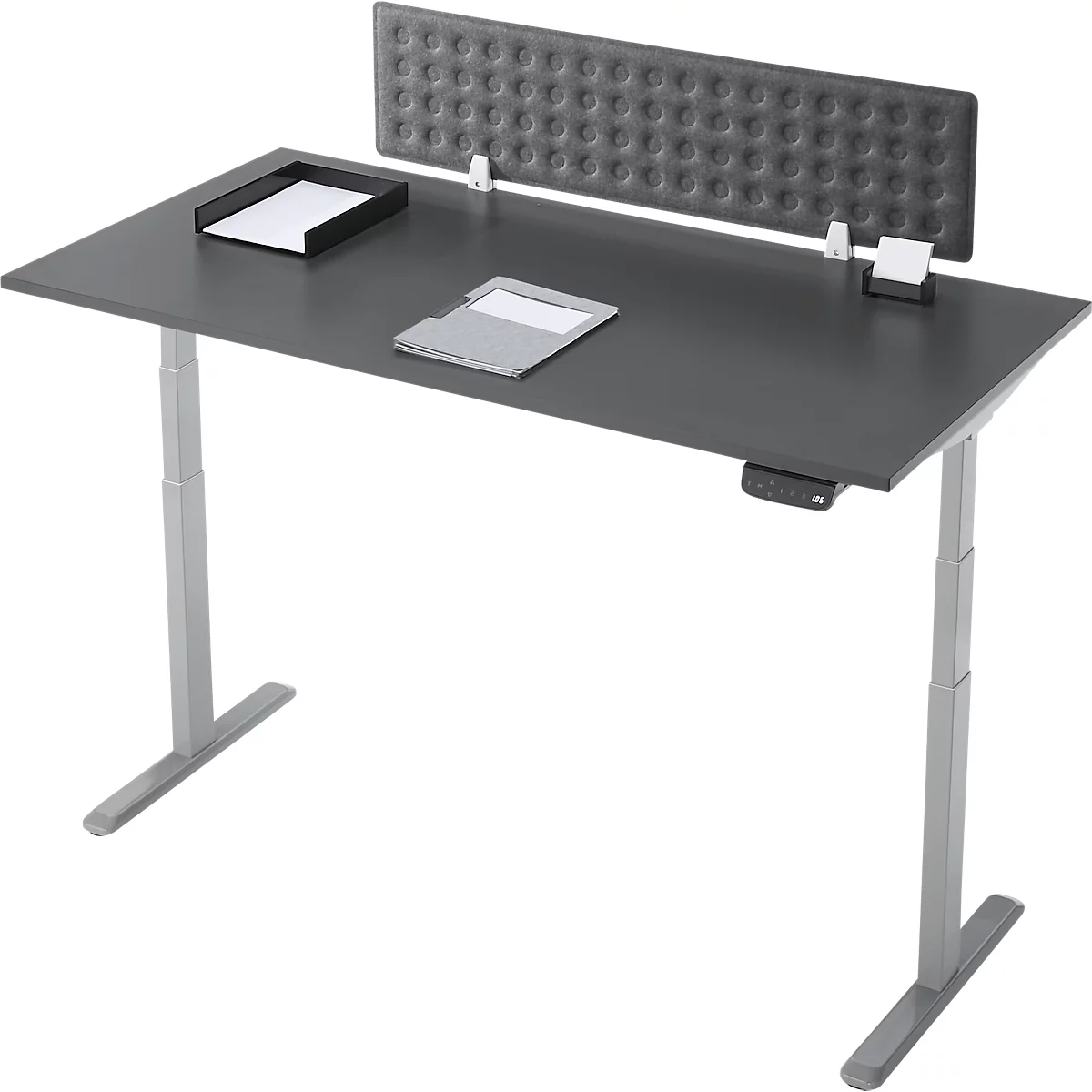 Bureau réglable en hauteur, anthracite, avec pieds gris, accessoire de bureau et plateau.