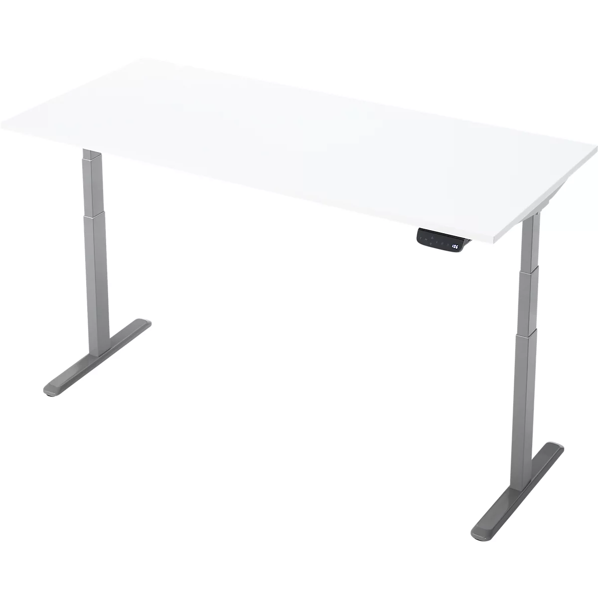 Un bureau blanc avec des pieds argentés réglables. Il y a des commandes sur le bord du bureau.