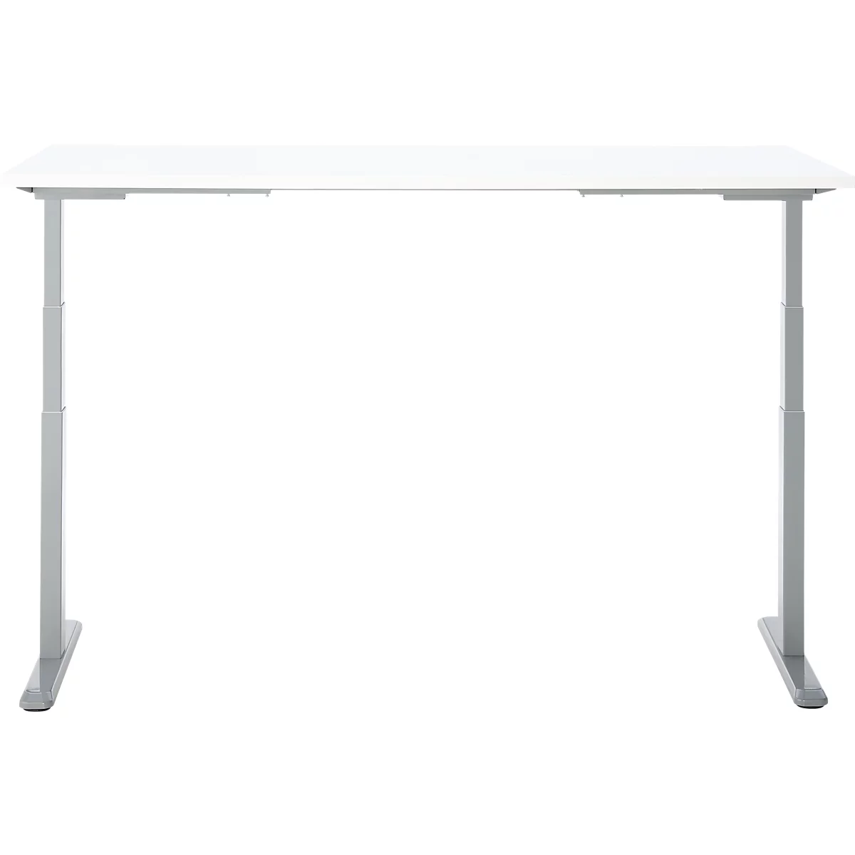 Un bureau blanc réglable en hauteur avec des pieds argentés. Le bureau est devant un fond blanc.