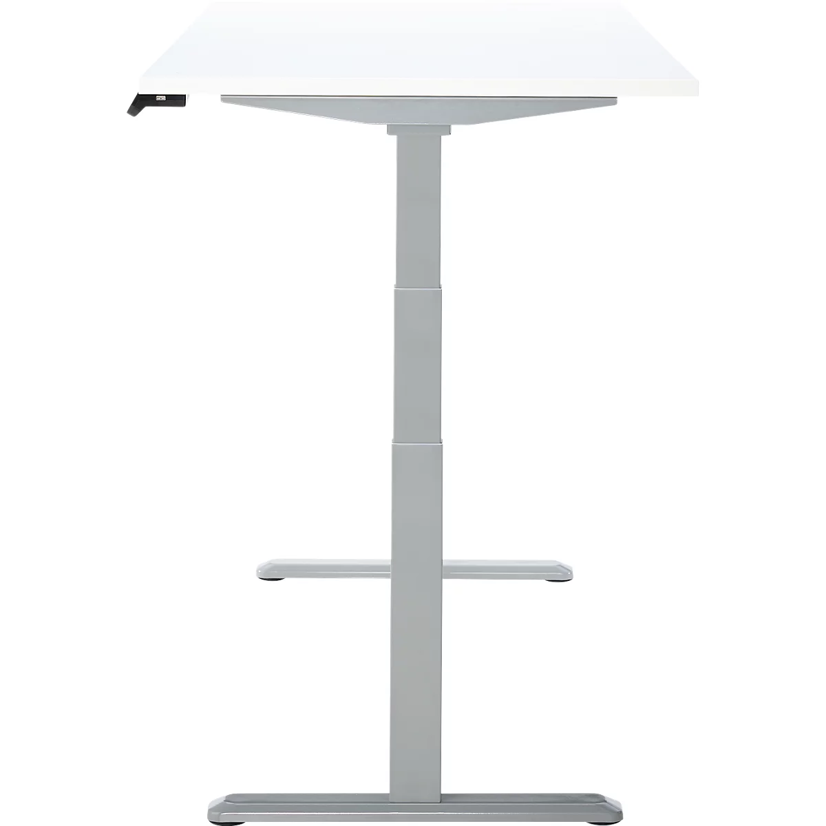 Un bureau blanc réglable en hauteur. Sur un cadre gris clair, avec un plateau de table carré.