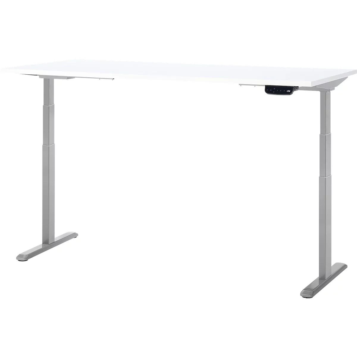 Bureau blanc réglable en hauteur avec pieds argentés, panneau de commande noir.