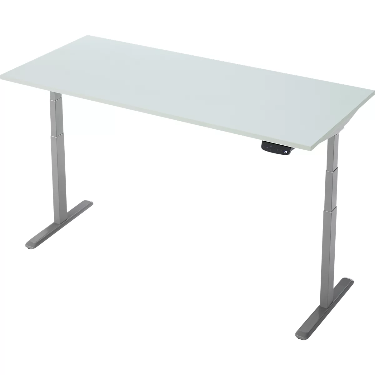 Un bureau à hauteur réglable avec un plateau blanc et des pieds argentés. Une commande est fixée au bord du bureau.