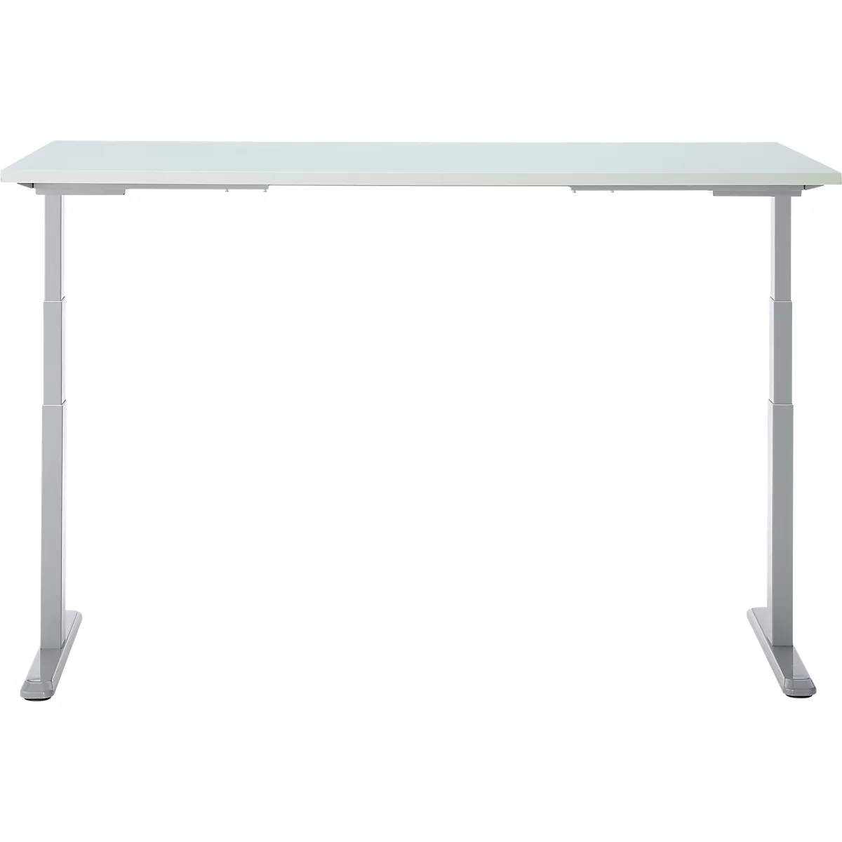 Bureau blanc réglable en hauteur sur fond blanc. Pieds métalliques robustes.