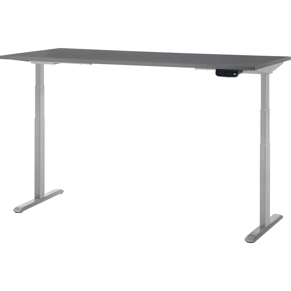 Bureau gris réglable en hauteur avec cadre gris. Sur la droite se trouve une commande de réglage de la hauteur.