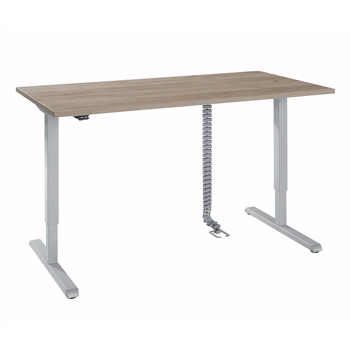 Bureau, réglable en hauteur électriquement, avec chaîne et passage de câbles, rectangulaire, pied en T, L 1600 x P 800 x H 715-1205 mm, chêne sauvage/aluminium blanc
