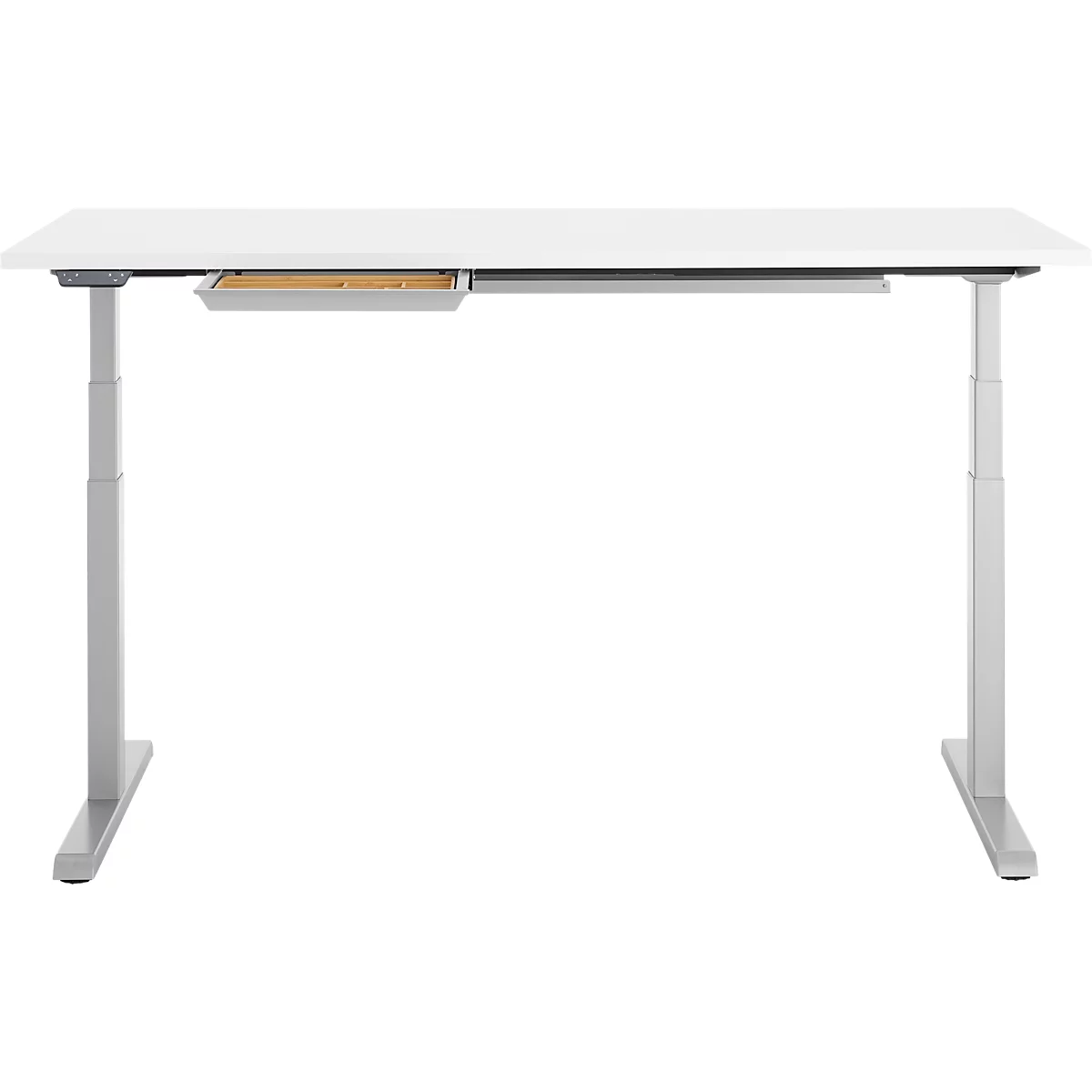 Bureau blanc réglable en hauteur sur fond blanc, avec tiroir encastré.