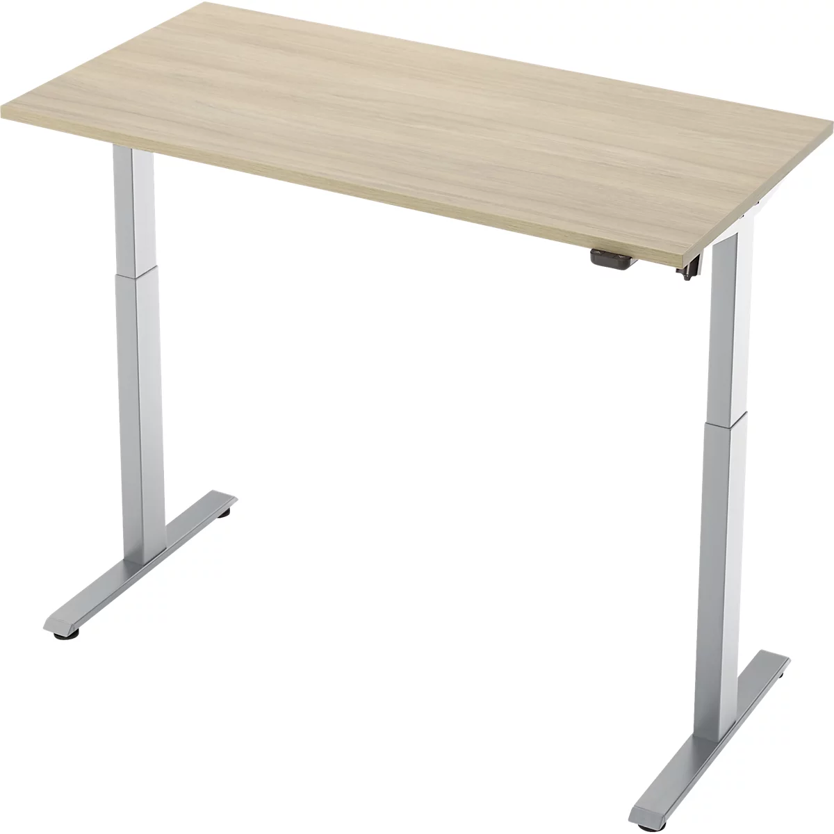 Bureau, réglable en hauteur électriquement, rectangulaire, pied en T, L 1300 x P 650 x H 720-1200 mm, décor chêne/argenté
