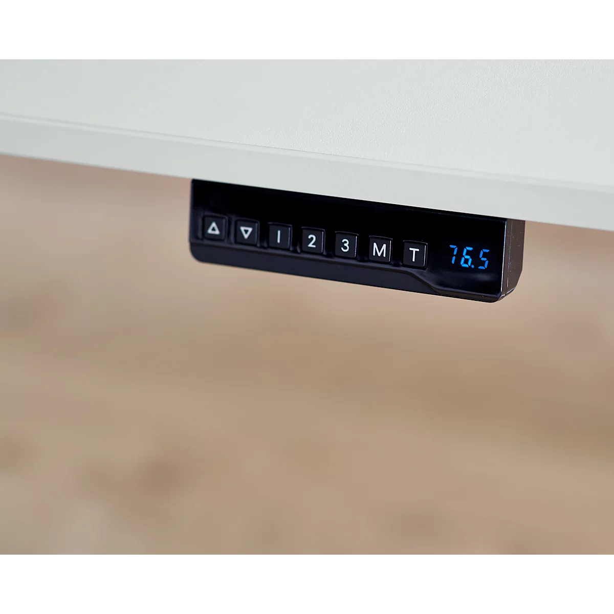 Bureau, réglage électrique de la hauteur, piétement en T, L 1600 x P 800 x H 755-1255 mm, gris clair/aluminium blanc + panneau de commande à mémoire, passage de câbles