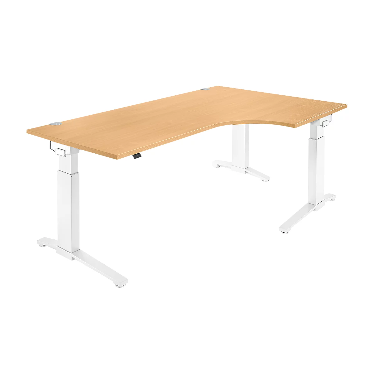 Un bureau d'angle clair avec des pieds blancs réglables en hauteur. Le plateau de table est brun clair.