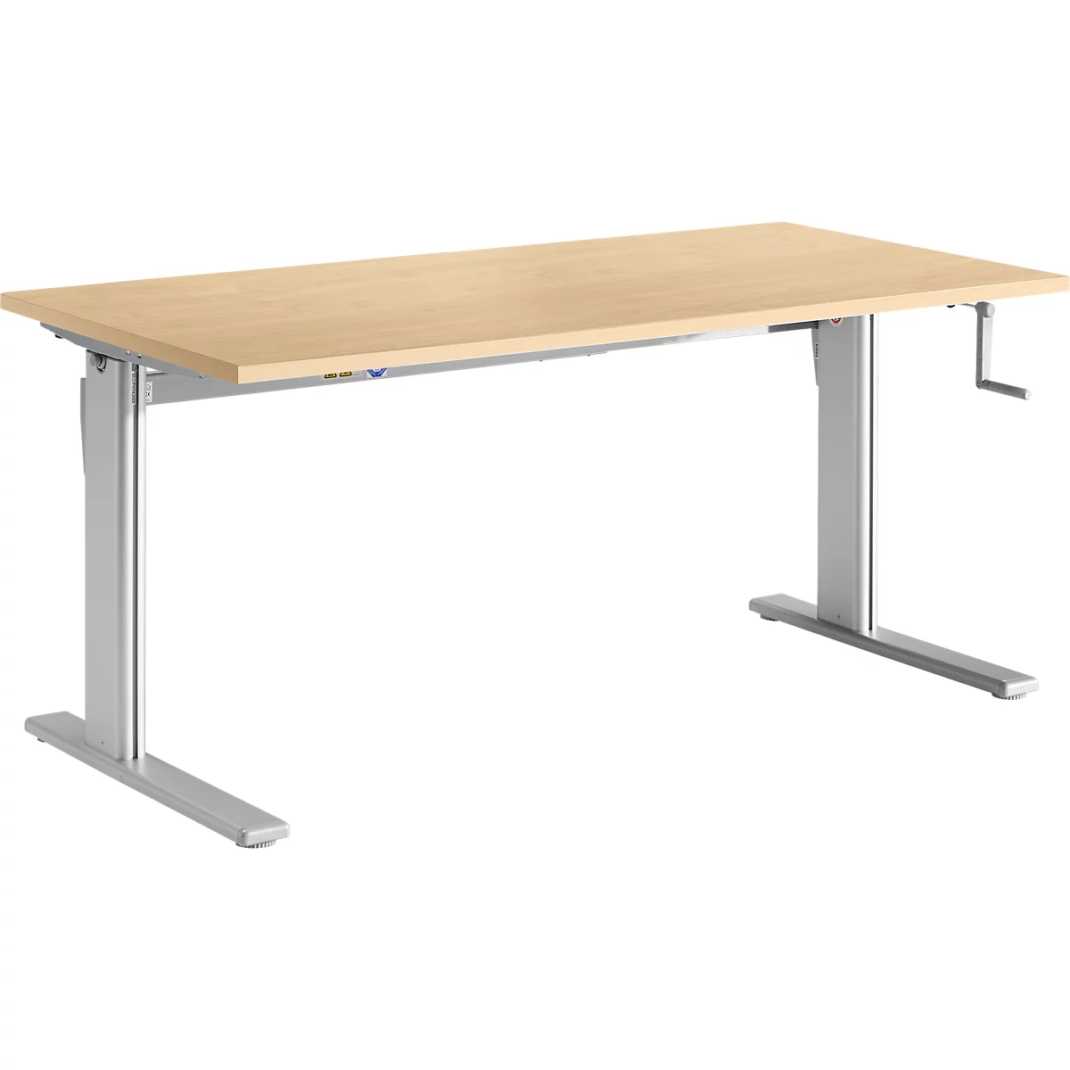 Bureau Standard, rectangulaire, hauteur réglable manuellement par manivelle, piétement en C, L 1200 x P 800 x H 728-1188 mm, décor érable/aluminium blanc