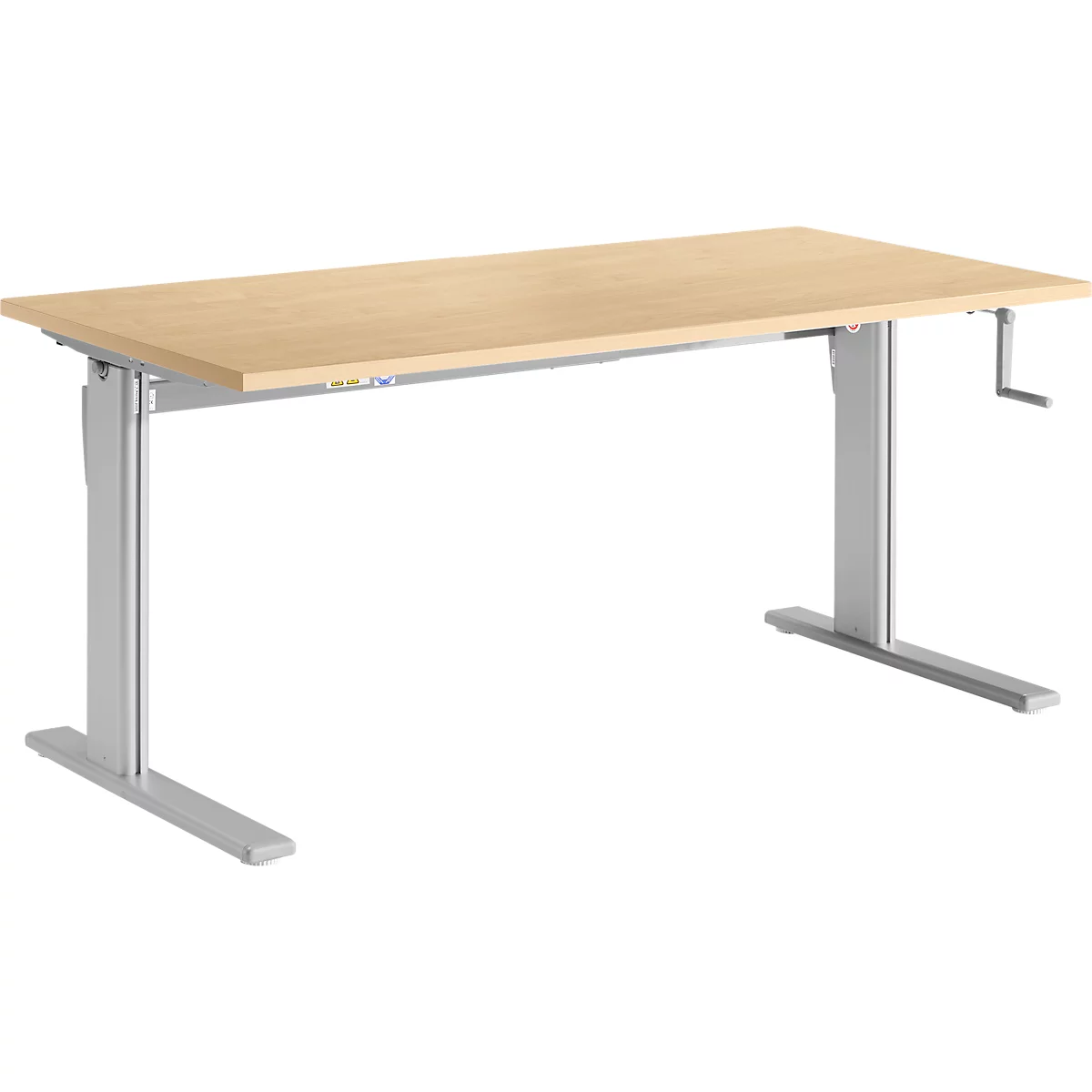 Bureau Standard, rectangulaire, hauteur réglable manuellement par manivelle, piétement en C, L 1600 x P 800 x H 728-1188 mm, décor érable/aluminium blanc