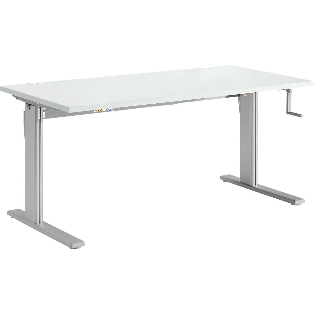 Bureau Standard, rectangulaire, hauteur réglable manuellement par manivelle, piétement en C, L 1600 x P 800 x H 728-1188 mm, gris clair/aluminium blanc