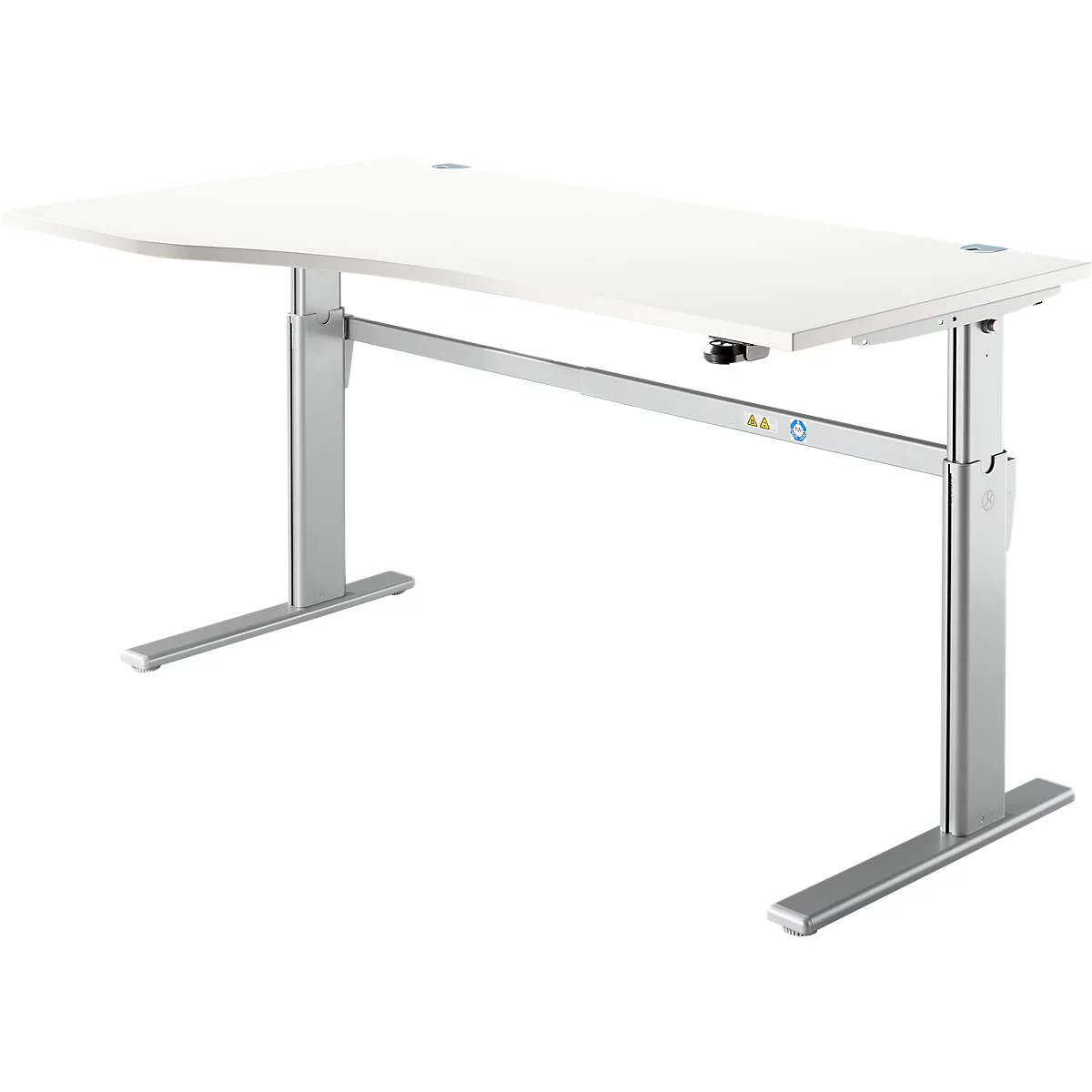 Un bureau blanc réglable en hauteur avec des pieds et un cadre argentés. Il y a deux petits trous sur le dessus de la table.