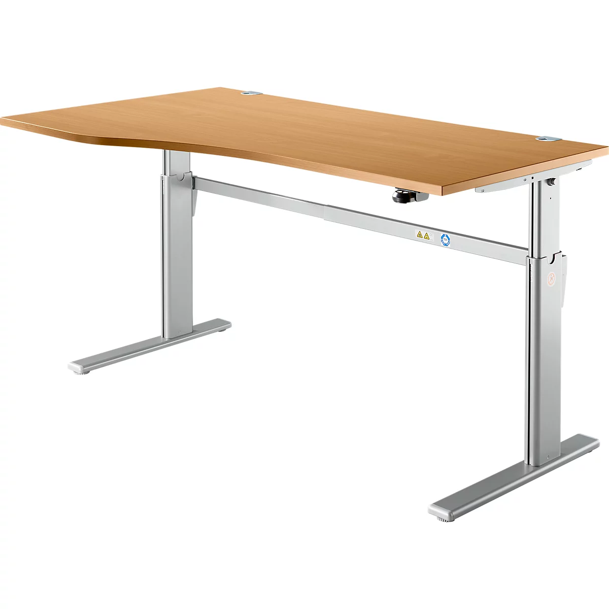 Bureau réglable en hauteur, brun clair, avec des pieds argentés et un plateau clair.
