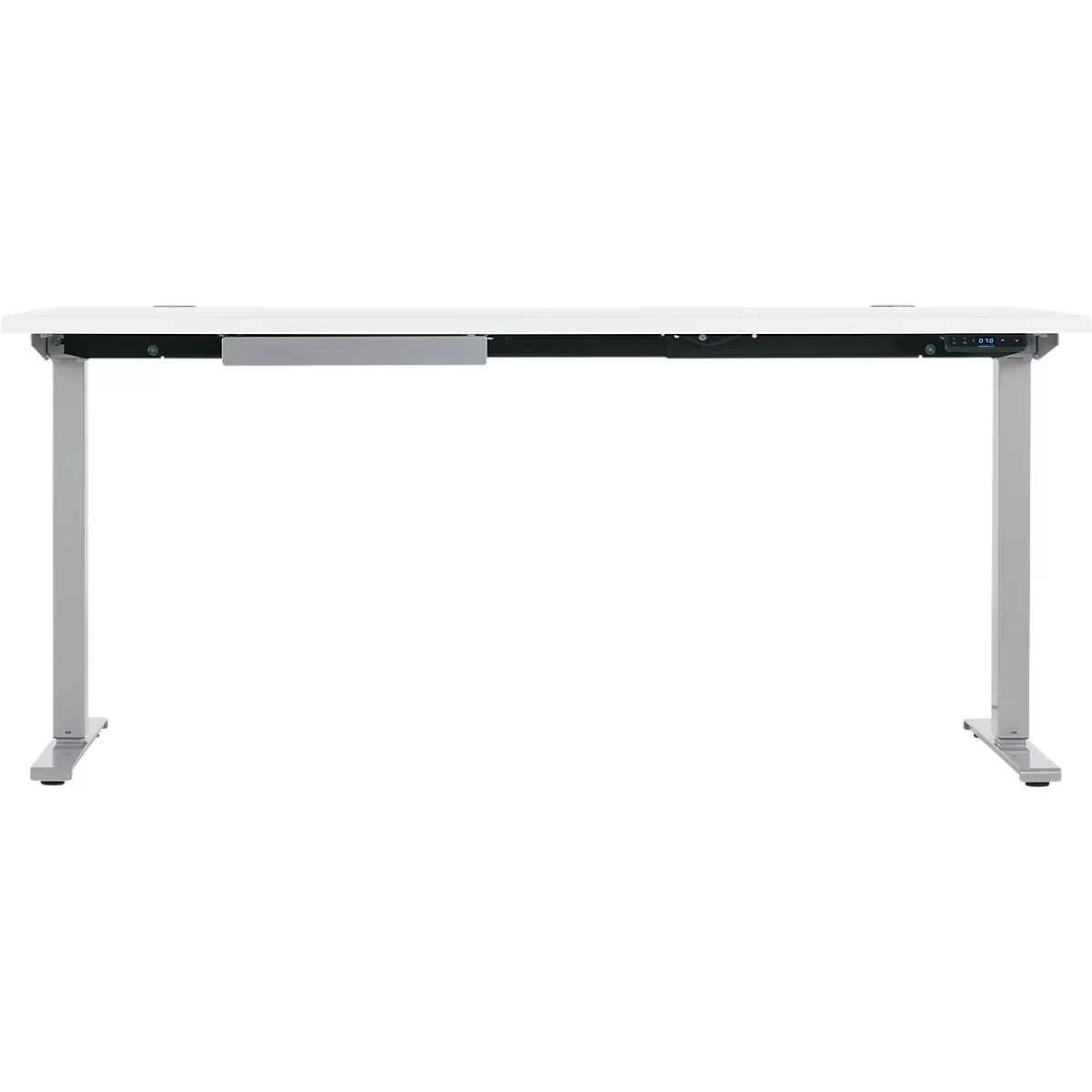 Een witte, in hoogte verstelbare bureau tegen een witte achtergrond. Zilveren poten en een lade zijn zichtbaar.