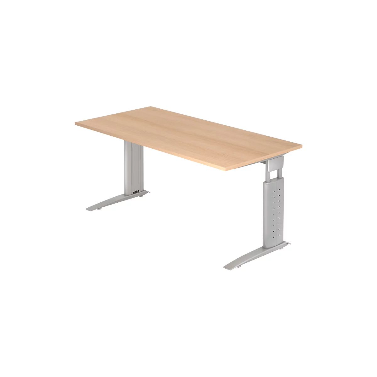 Bureau TARVIS, pieds en C, rectangulaire, l. 1600 mm, armature argentée, hauteur ajustable, coloris chêne