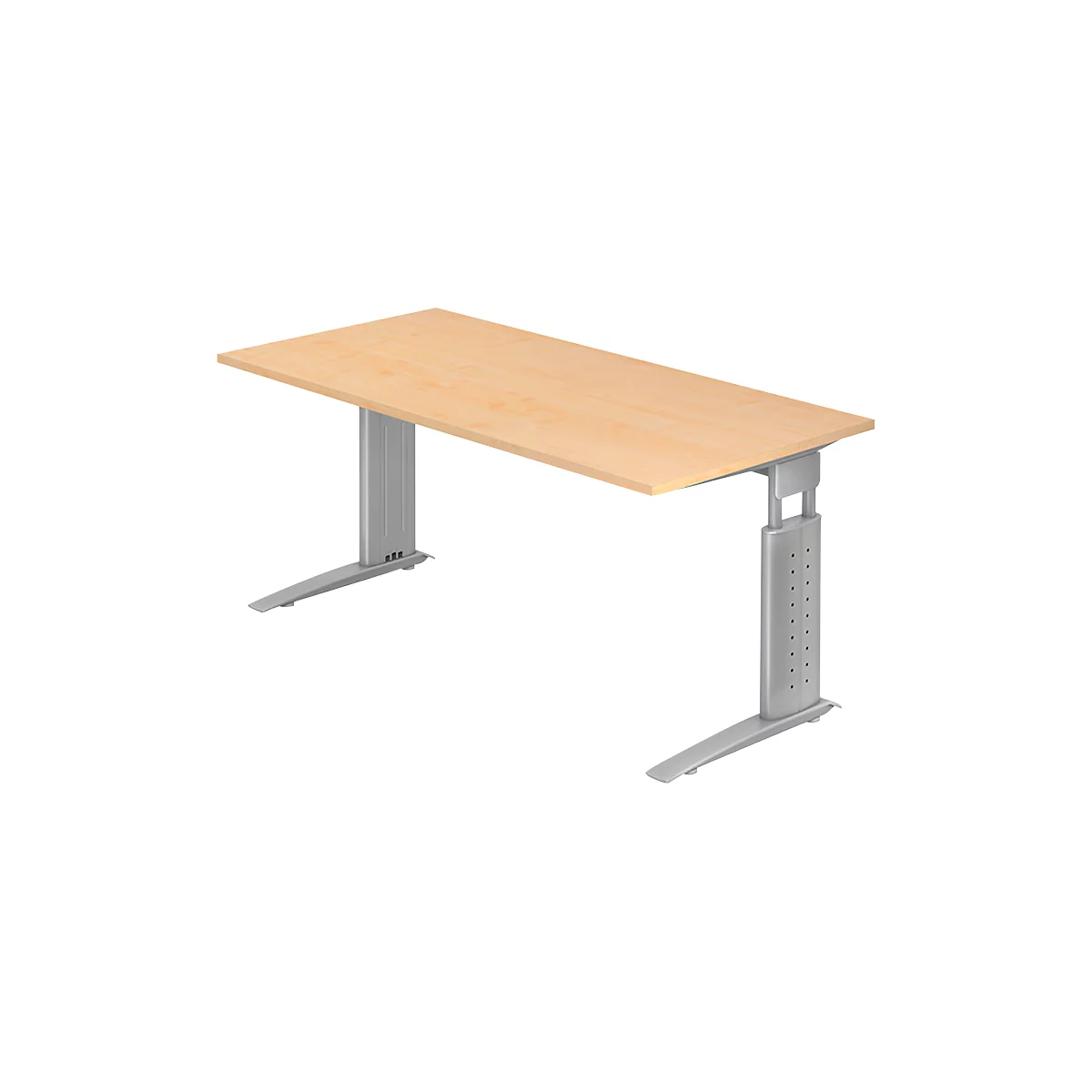 Bureau TARVIS, pieds en C, rectangulaire, l. 1600 mm, armature argentée, hauteur ajustable, coloris érable
